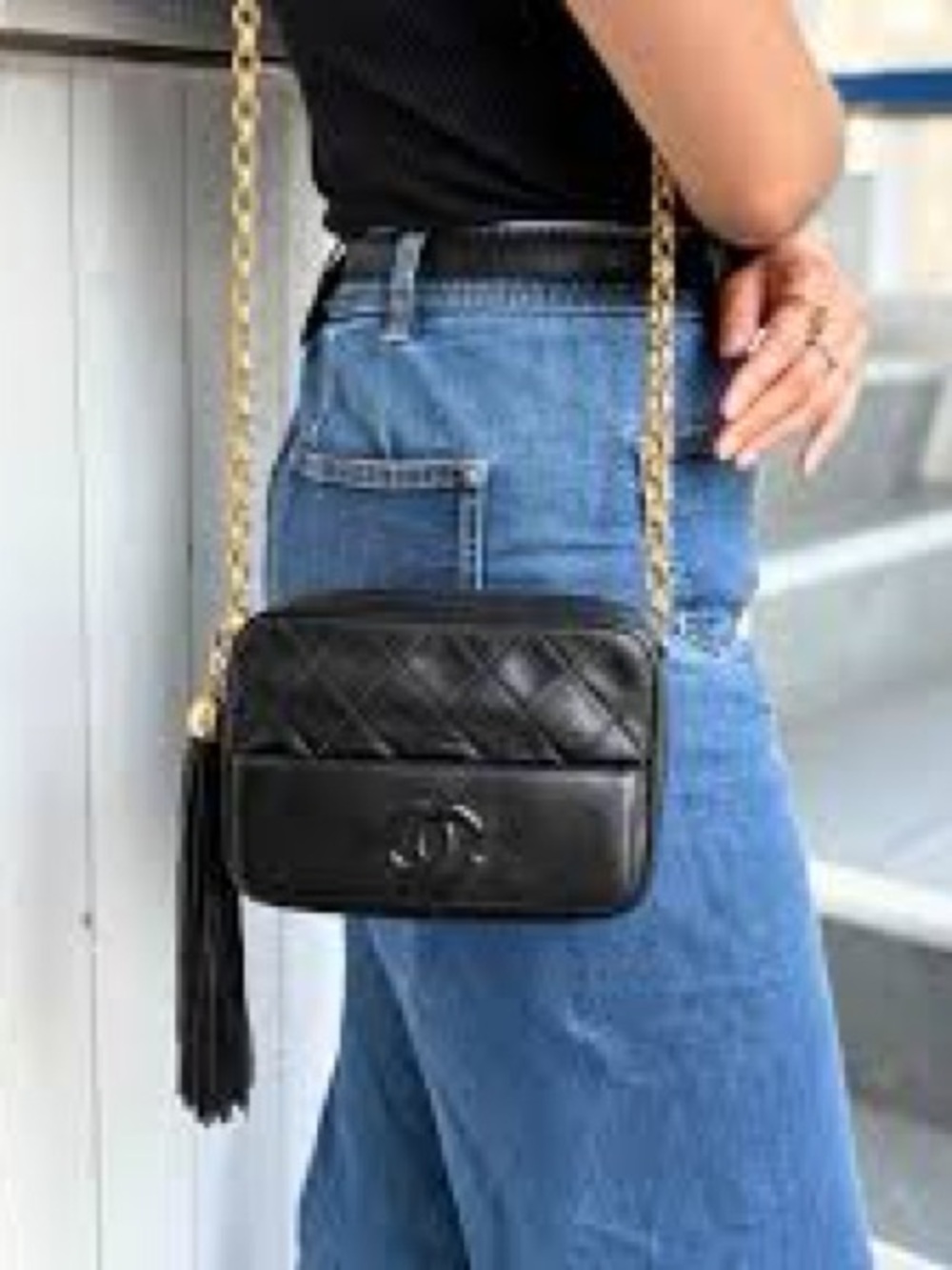 CHANEL Black Quilted Crossbody camera Bag with Gold Chain and Tassel